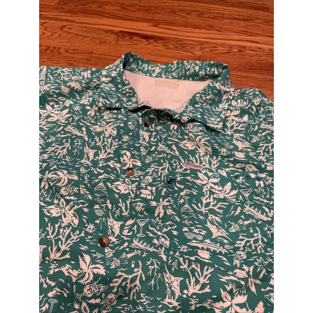 Columbia‎ PFG Men's Fishing Shirt Teal Palm Beach Print Polyester Vented 2XL